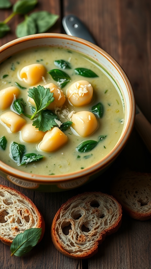 A bowl of creamy spinach gnocchi soup with gnocchi, spinach, topped with Parmesan cheese and parsley on a rustic table with bread.